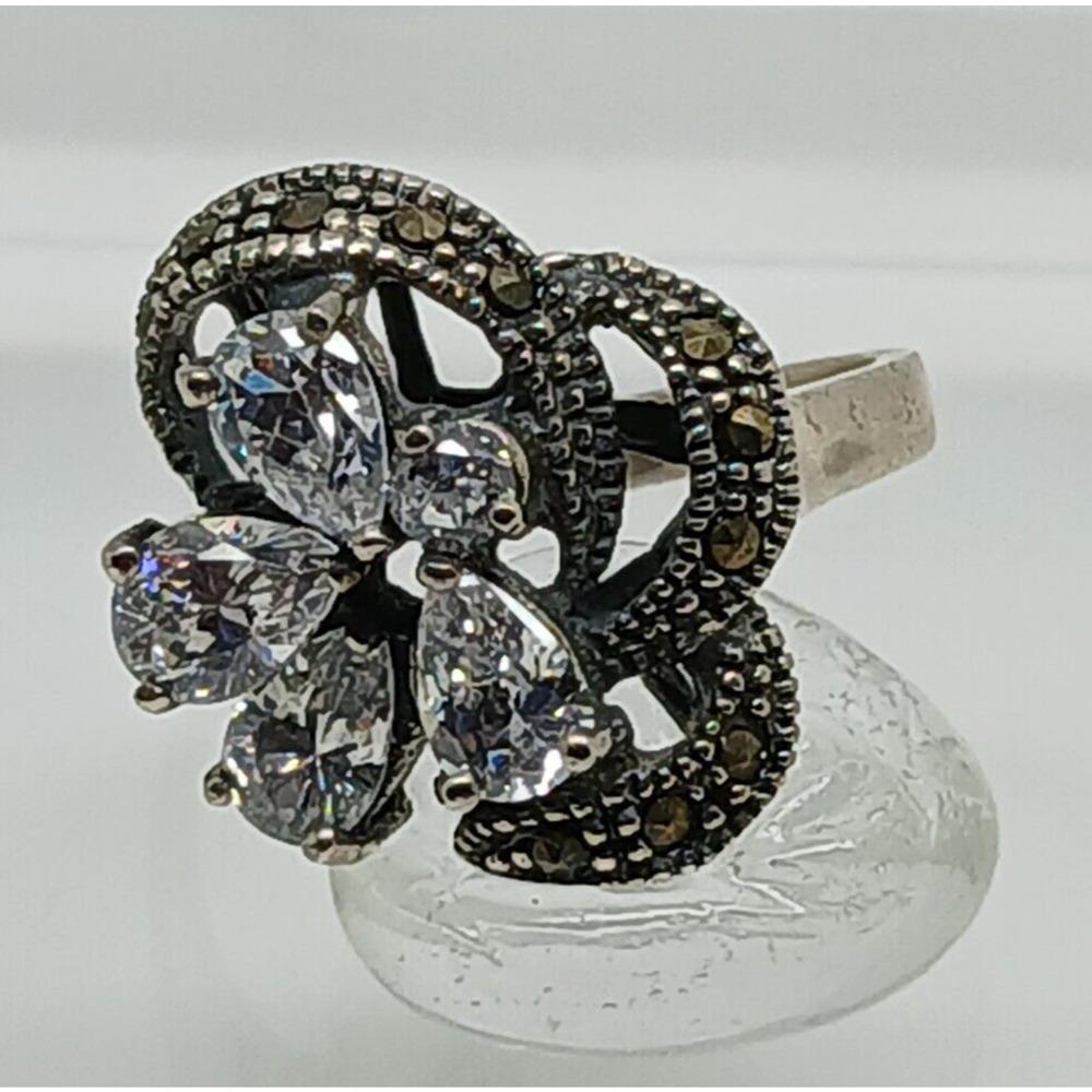 1990's Vintage Antique-Style Marcasite‎ Sterling Silver Diamond CZ Size Ring 8.5